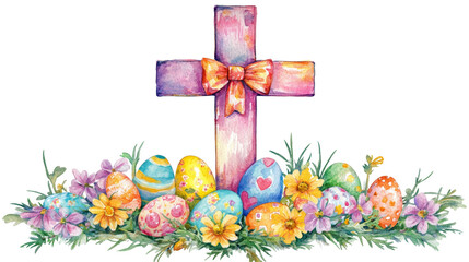 A watercolor christian cross with spring flowers and some easter eggs on the bottom, and a big coquette bow on the middle of the cross, white background clipart, Easter
