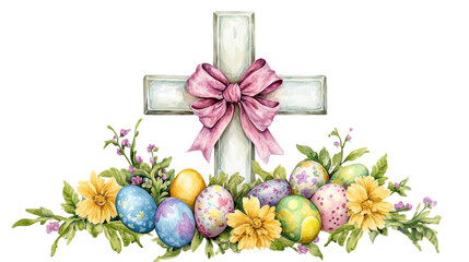 A watercolor christian cross, Easter, with spring flowers and some easter eggs on the bottom, and a big coquette bow on the middle of the cross, white background clipart 