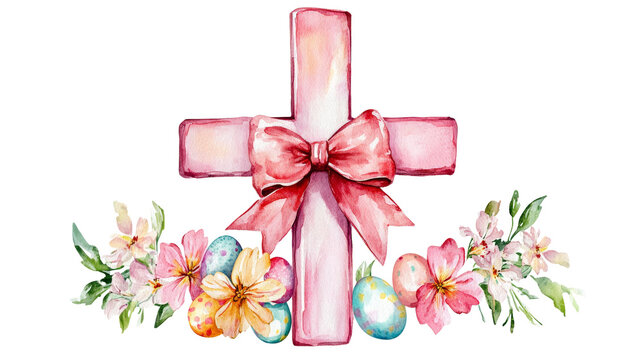 A watercolor christian cross, Easter, with spring flowers and some easter eggs on the bottom, and a big coquette bow on the middle of the cross, white background clipart 