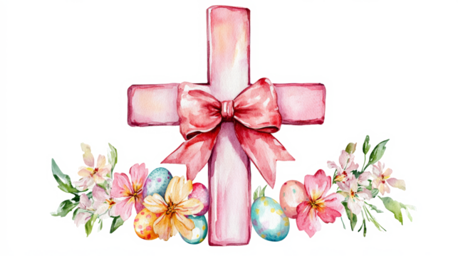 A watercolor christian cross, Easter, with spring flowers and some easter eggs on the bottom, and a big coquette bow on the middle of the cross, white background clipart 