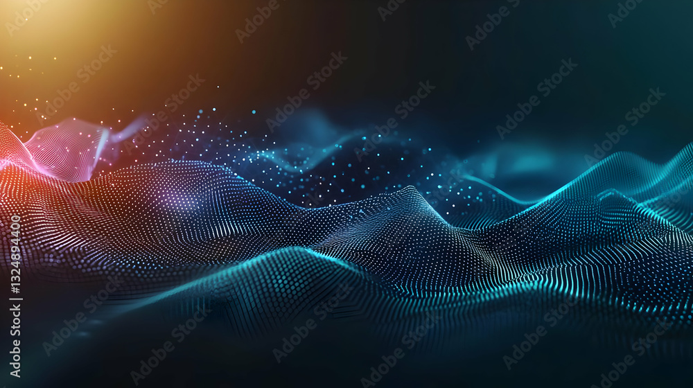 Poster abstract digital landscape featuring interconnected data streams represented by glowing blue and whi
