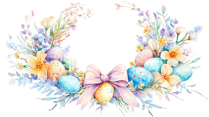 Watercolor Easter wreath with pastel spring flowers, decorated eggs, soft ribbons, and a delicate coquette bow, white background, clipart styl