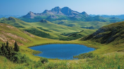 Fototapeta premium a small lake in the middle of a grassy field surrounded by trees, plants, and flowers, with majestic mountains in the background and a clear blue sky above