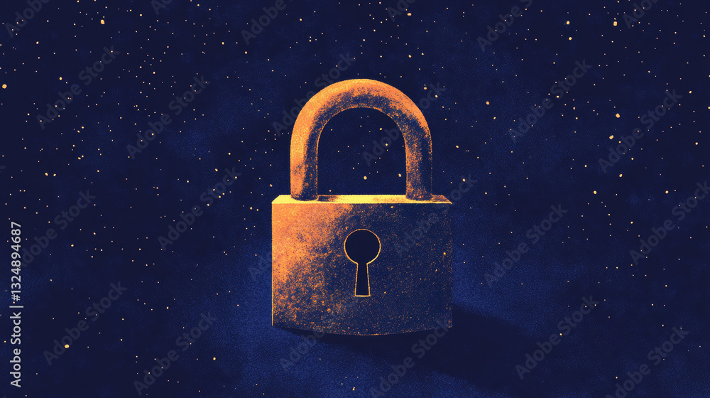 Poster abstract closed lock without key on dark blue background. protect or security symbol composed of pol