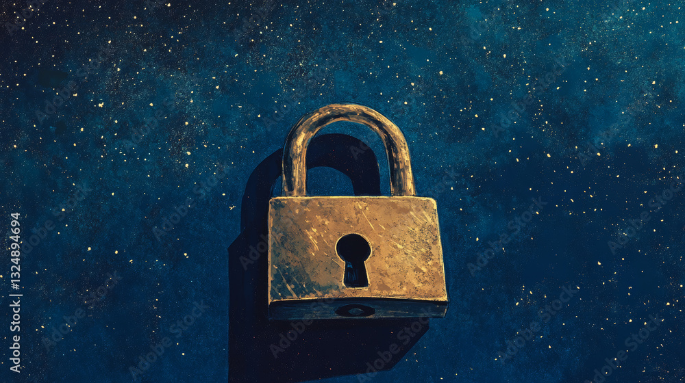 Poster abstract closed lock without key on dark blue background. protect or security symbol composed of pol