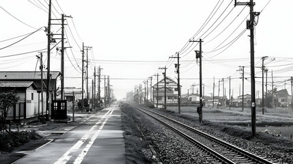 Black And White Railroad Tracks Stretching Into The Distance Under A Cloudy Sky With Power Poles Buildings And Lines