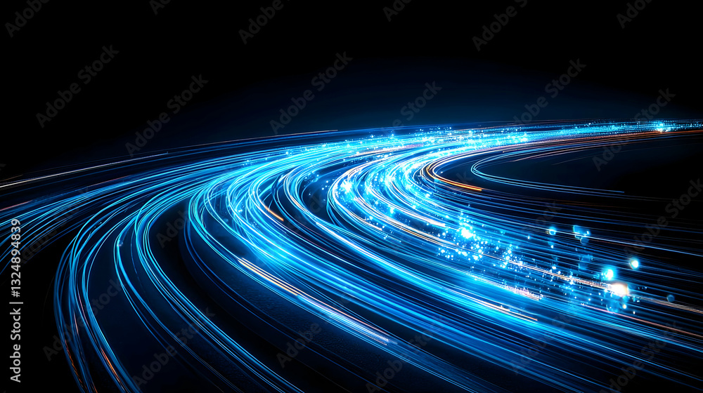 Poster dynamic blue light trails flowing across black background representing digital technology data and m