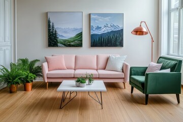 A serene living room boasting pale oak wood flooring and soft ivory walls