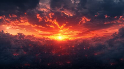 Fototapeta premium Fiery Sunset Over a Cityscape from Above