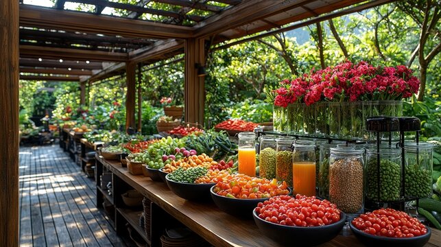  a wooden table filled with a variety of fruits and vegetables, including bowls of tomatoes, bottles of juice, and flower vases There are also plates and other obje