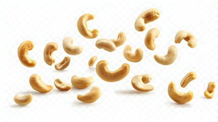 Falling cashew nuts isolated on transparent