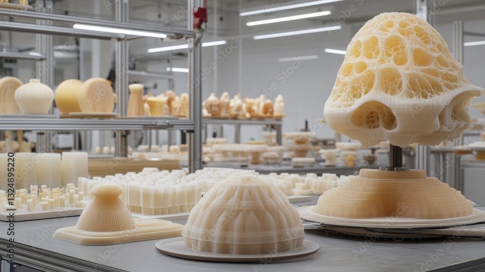 Poster advanced d printing farm creating a variety of high-quality prototypes in a robotics-driven lab.