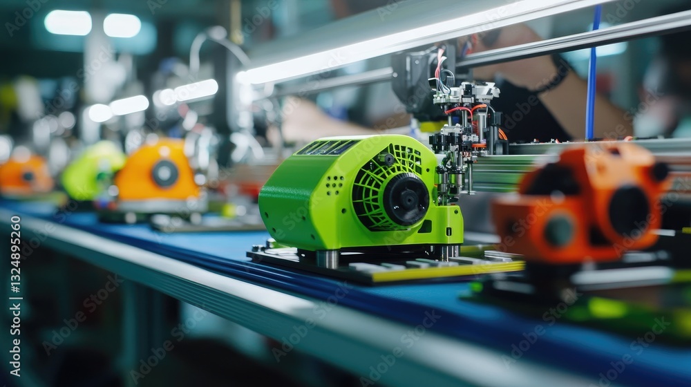 Poster advanced d printing farm creating a variety of high-quality prototypes in a robotics-driven lab.