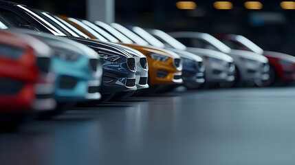 Side View Of Row Of Various Brand New Sleek Cars With Polished Showroom Floor Reflecting In Low Light Modern Dealership