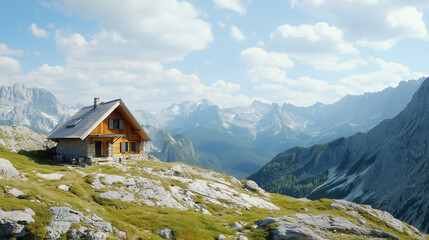 Fototapeta premium Beautiful mountain hut with wonderful surrounded by an wonderful alpine landscape. Summer or autumn hiking destination. Outdoor adventure destination for sporty holidays. Healthy environment.