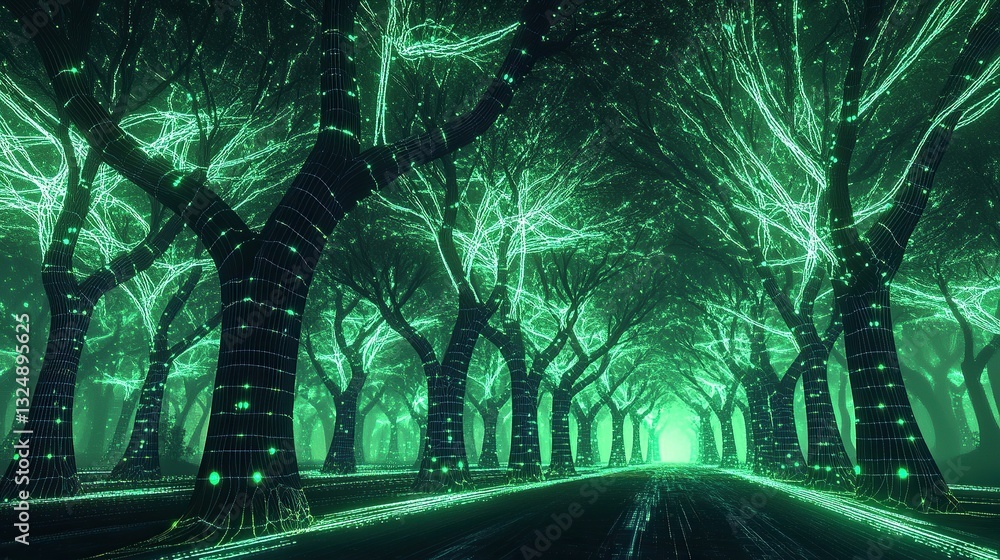 Poster a glowing digital forest where holographic trees pulsate with neon-green data streams