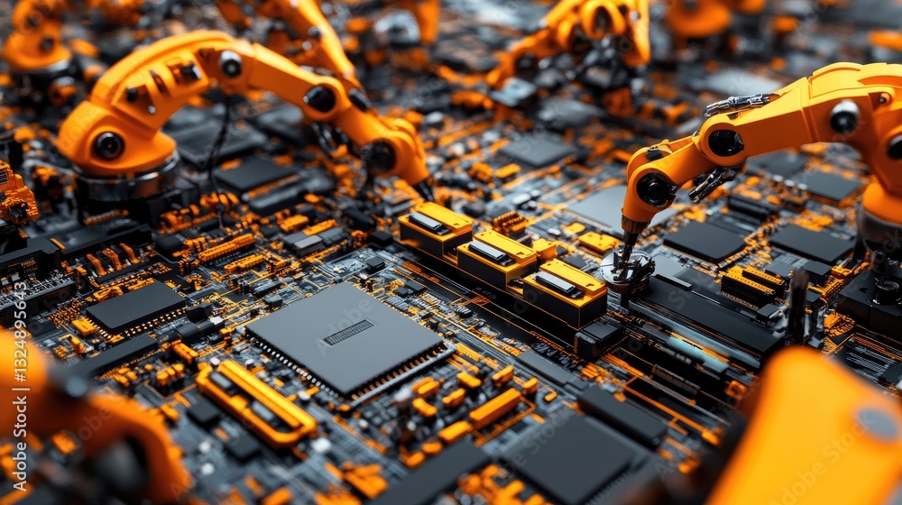 Poster advanced robotic arms assembling electronic circuit boards on a high-speed production line.