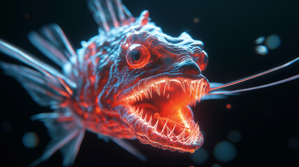 Obraz premium A terrifying deep-sea fish with glowing sharp teeth and an eerie bioluminescent glow in the dark ocean depths.
