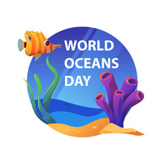World Oceans Day. Underwater World with Swimming Fish, Seaweed and Coral. Vector Illustration in Cartoon Style.
