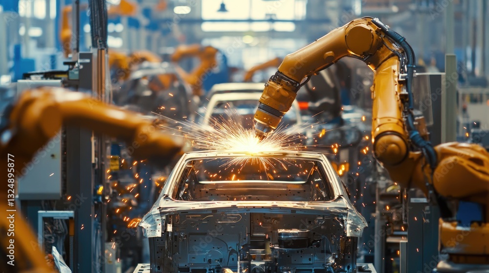 Poster advanced robotic welding system fusing metal frames in an ultra-modern automobile assembly plant.