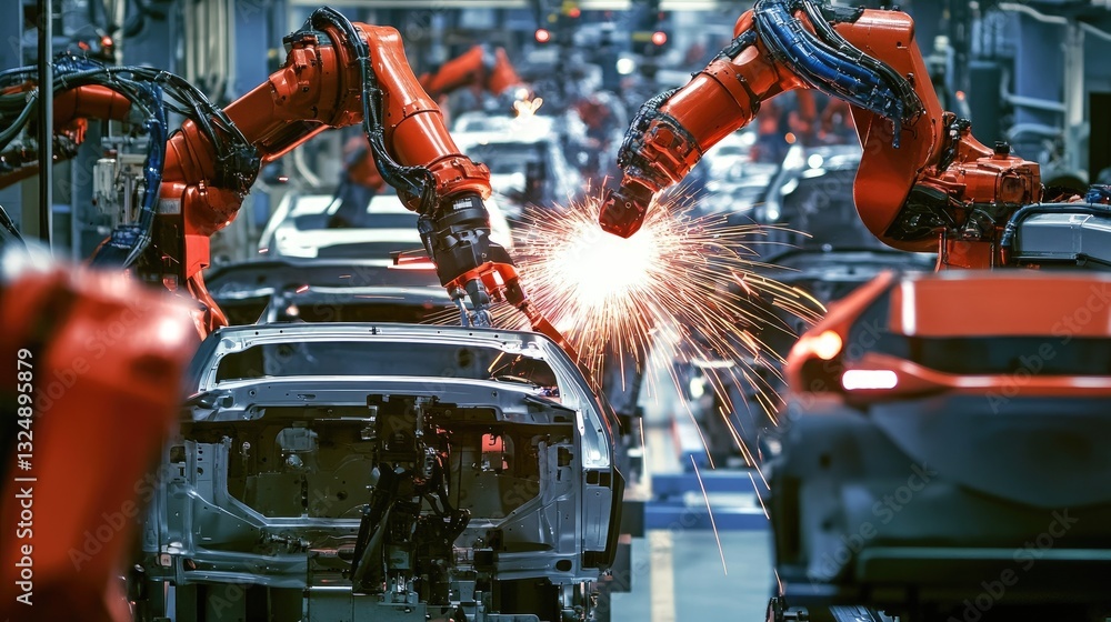 Poster advanced robotic welding system fusing metal frames in an ultra-modern automobile assembly plant.