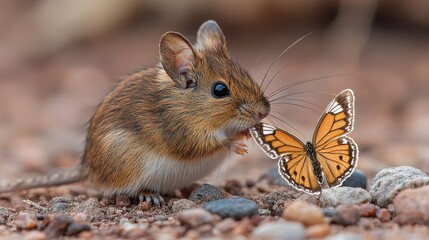 Obraz premium a small mouse with a butterfly perched on its back, surrounded by a few stones on the ground The background is slightly blurred, giving the image a dreamy feel