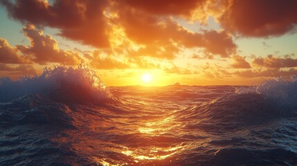 Obraz premium a beautiful sunset over the ocean with waves crashing in the foreground The sky is a mix of vibrant oranges, pinks, and purples, and the sun is setting in the back