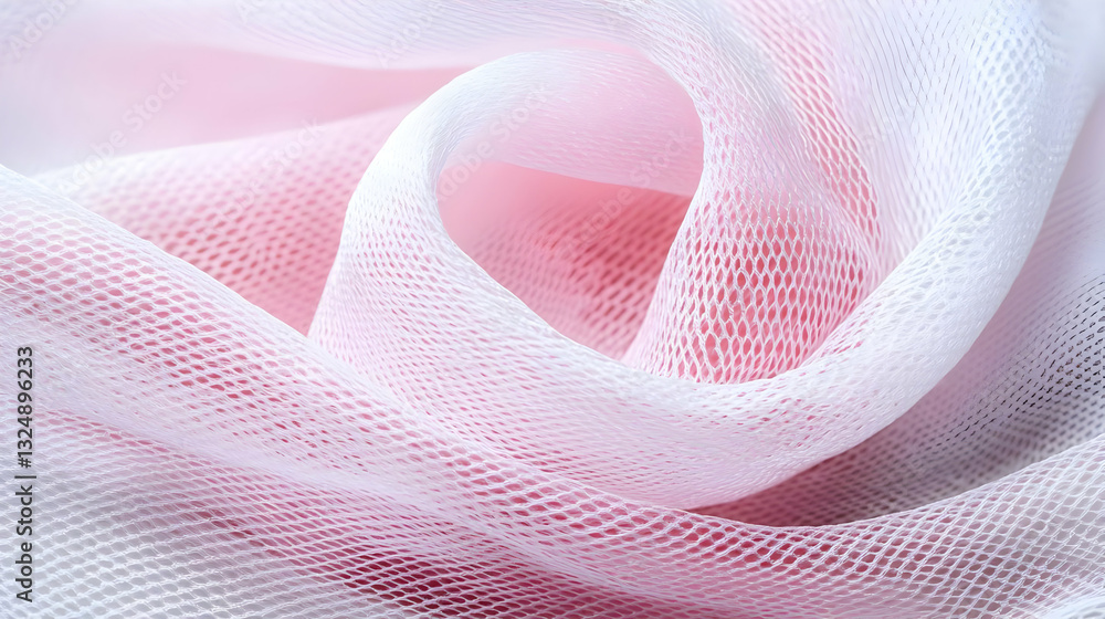 Poster close up view of delicate white and pink mesh fabric showing soft curves and elegant texture