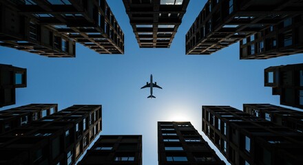 Looking Up at the Sky: A Mesmerizing View of a Plane Passing Between Towering Buildings