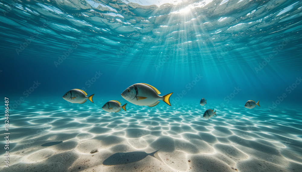 Poster a group of vibrant fish glides through crystal-clear ocean water, with sunlight filtering down and c