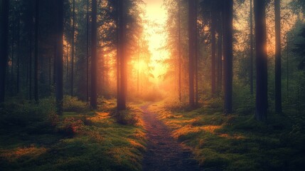 Fototapeta premium Sunlit Forest Path: A Mystical Sunrise in the Woods