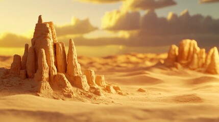 A desert landscape with sandcastles