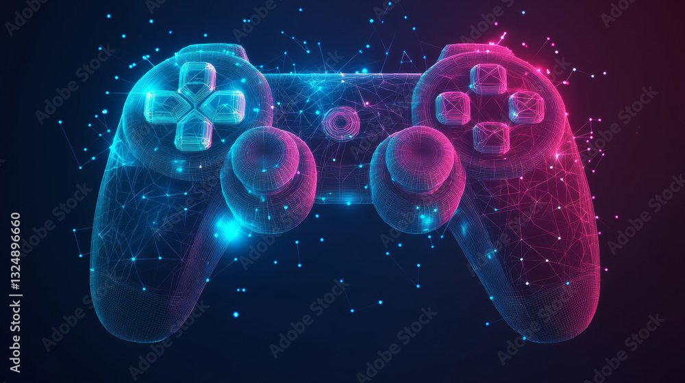 Poster abstract vector image of joystick for video games. low poly wire frame illustration. lines and dots.