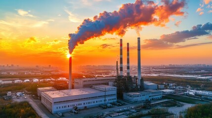 Aerial view of a sprawling industrial complex with smoke stacks and warehouses under a sunset sky, emitting a dramatic glow.