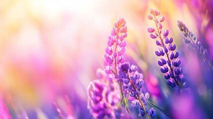 Obraz premium Close-up of vibrant purple lupine flowers bathed in warm sunlight, creating a dreamy and soft-focus background.