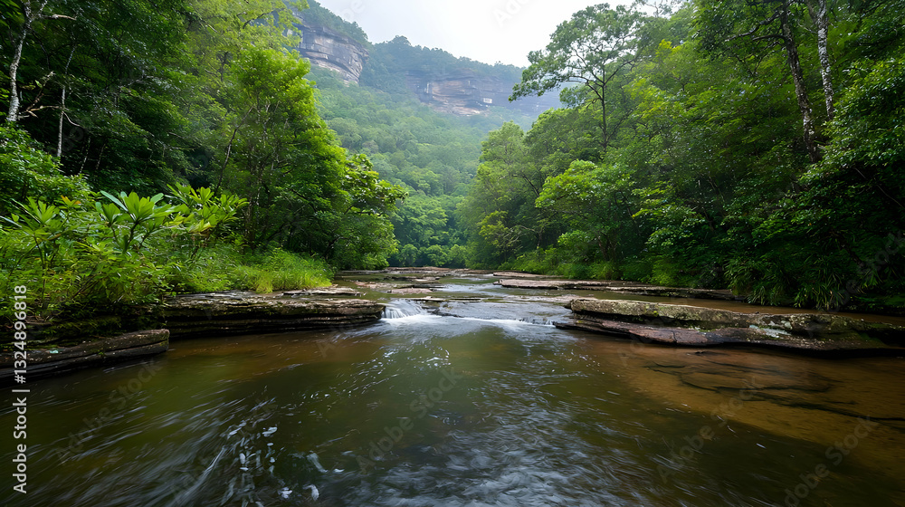 Poster overhead view of cascading waterfall flowing through lush green forest with sunlight and rocks