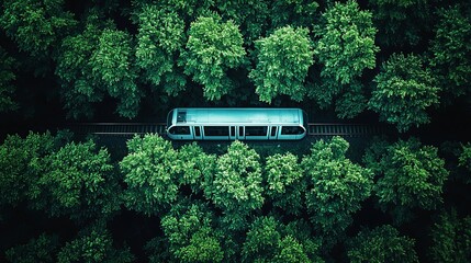  an aerial view of a train traveling through a lush green forest The train is on a railway track, surrounded by tall trees