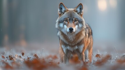 Obraz premium a gray wolf standing in the middle of a field, surrounded by dried leaves The background is blurred, giving the wolf a sense of focus and prominence