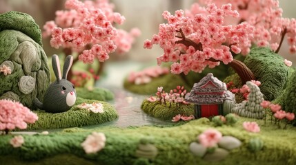 Cherry blossom garden in plasticine claymation character