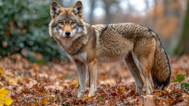  a gray wolf standing in the woods surrounded by dried leaves and plants The background is blurred, giving the wolf a sense of focus and prominence