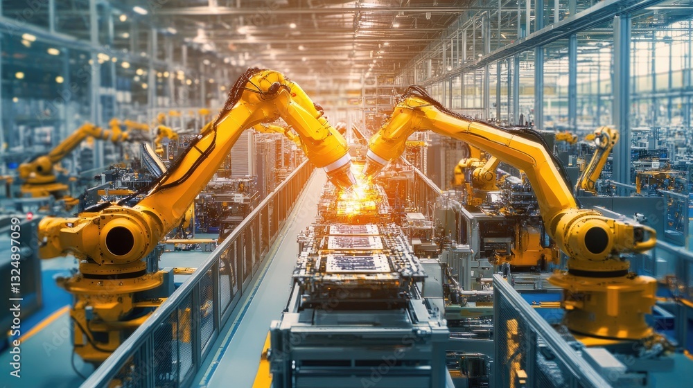 Poster ai-powered robotic arms assembling electronic devices with intricate precision on a production line.