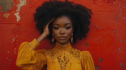  a woman with an afro wearing a yellow dress standing in front of a red wall She has a confident stance and her hair is styled in a way that frames her face The wa