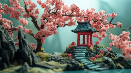 Cherry blossom garden in plasticine claymation character