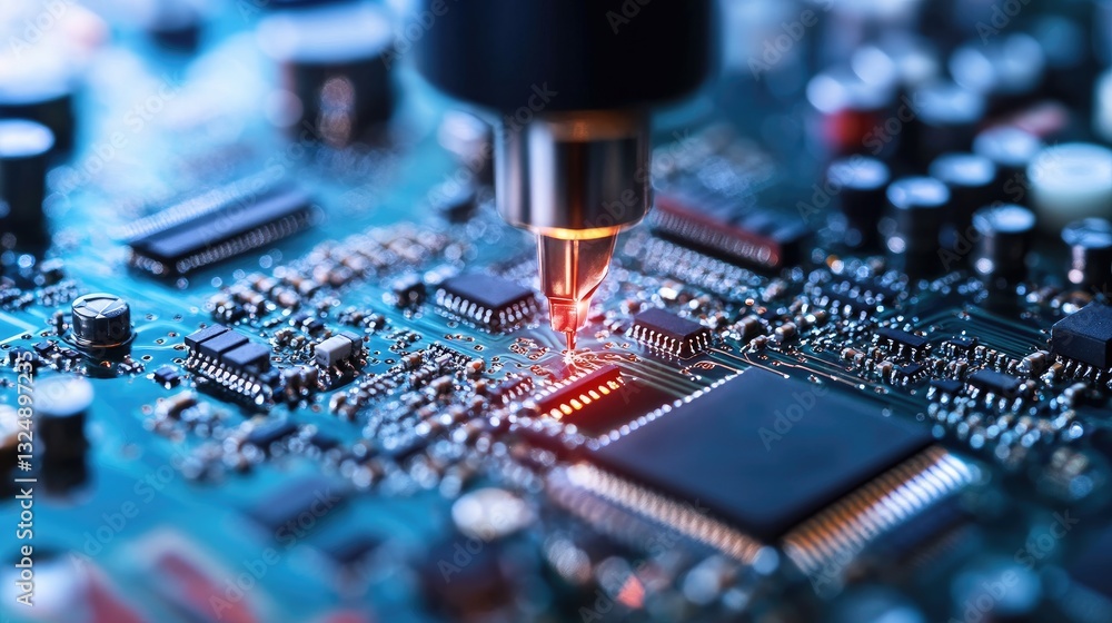 Poster an advanced soldering machine assembling complex microelectronics with extreme precision.