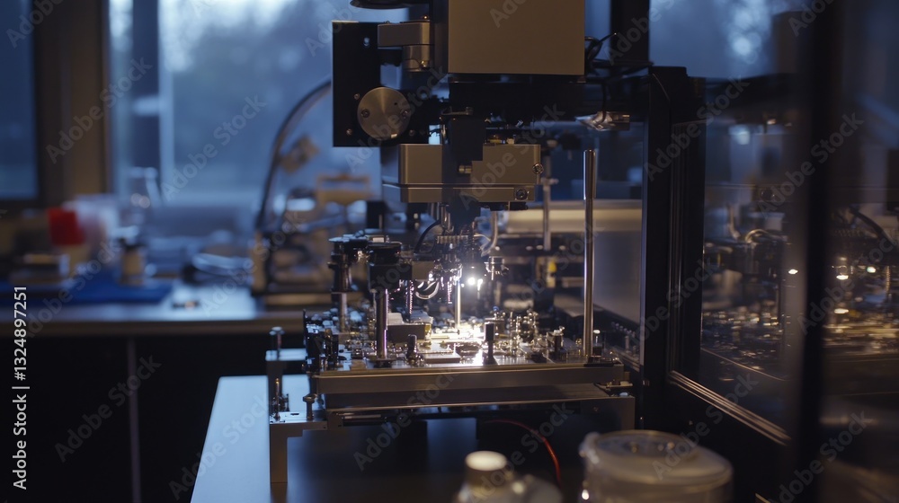 Poster an advanced soldering machine assembling complex microelectronics with extreme precision.