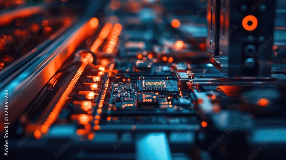 Poster an advanced soldering machine assembling complex microelectronics with extreme precision.