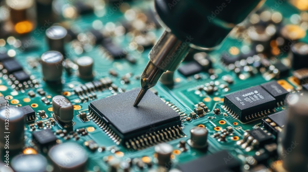 Poster an advanced soldering machine assembling complex microelectronics with extreme precision.