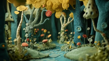 Magical forest in plasticine claymation character.
