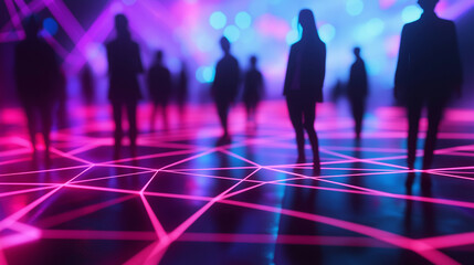 Silhouetted figures walk across a glowing neon grid, symbolizing digital networking, artificial intelligence, and virtual reality.