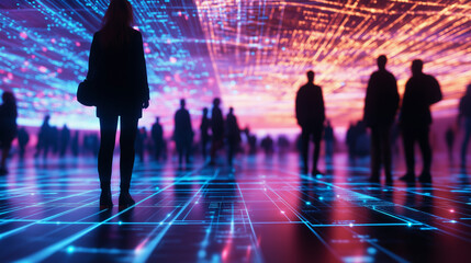 Silhouetted figures walk across a glowing digital grid with neon blue and pink lights, symbolizing futuristic virtual networking.